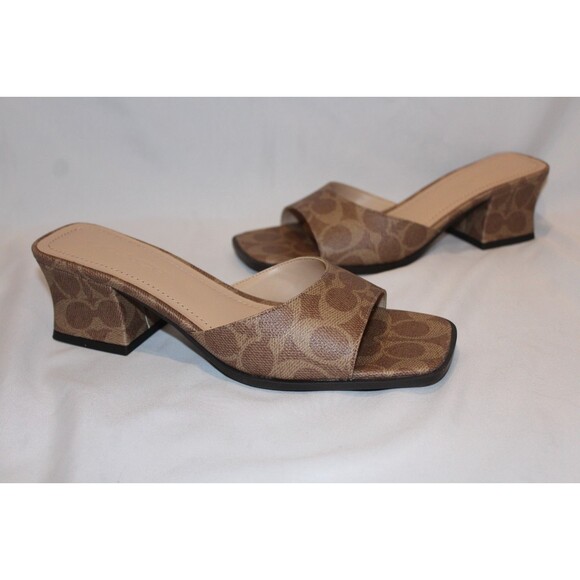 Coach Sculpted C Block Heel In Signature Canvas TAN NIB - Picture 3 of 8